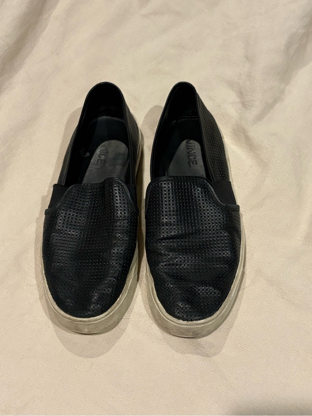 Vince Black Perforated Leather Slip-On Sneakers with White Sole